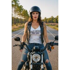 Harley Davidson White Tank Rhinestone Front Blue Trim Women's Small Schaefers PA